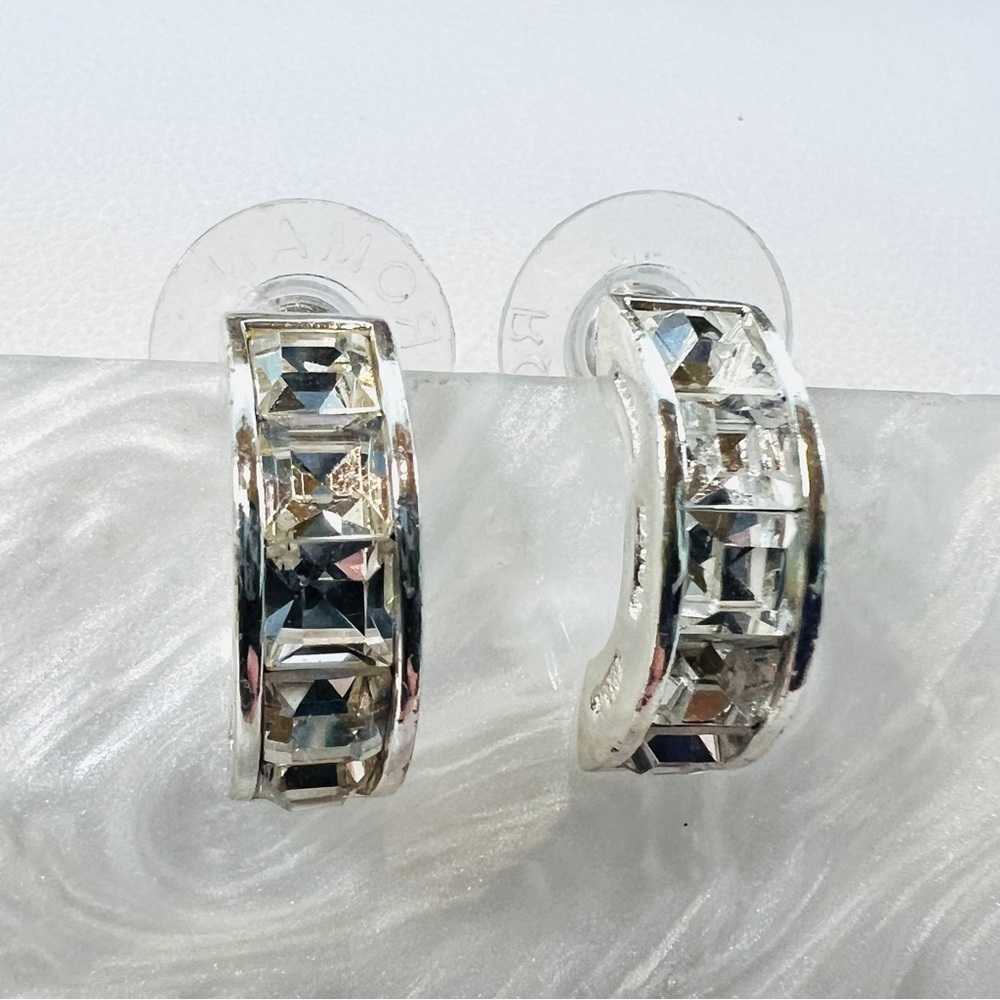Beautiful silvertone, half hug, clear bling costume pierced earrings